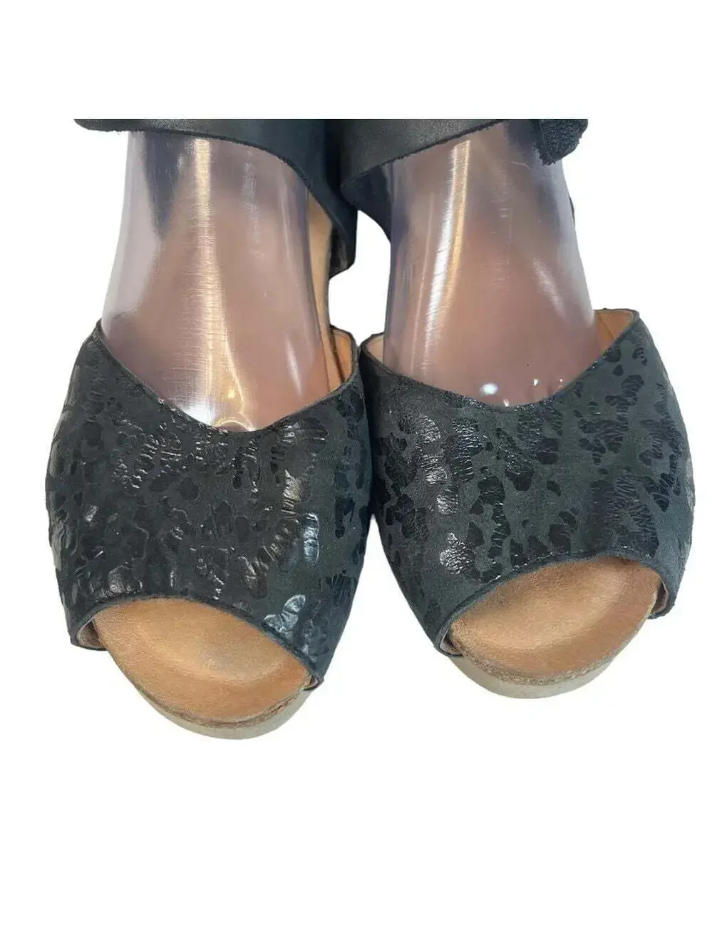 Wanda Panda Tina Black Leather Comfort Wedge Sandals Hook Loop Womens 9